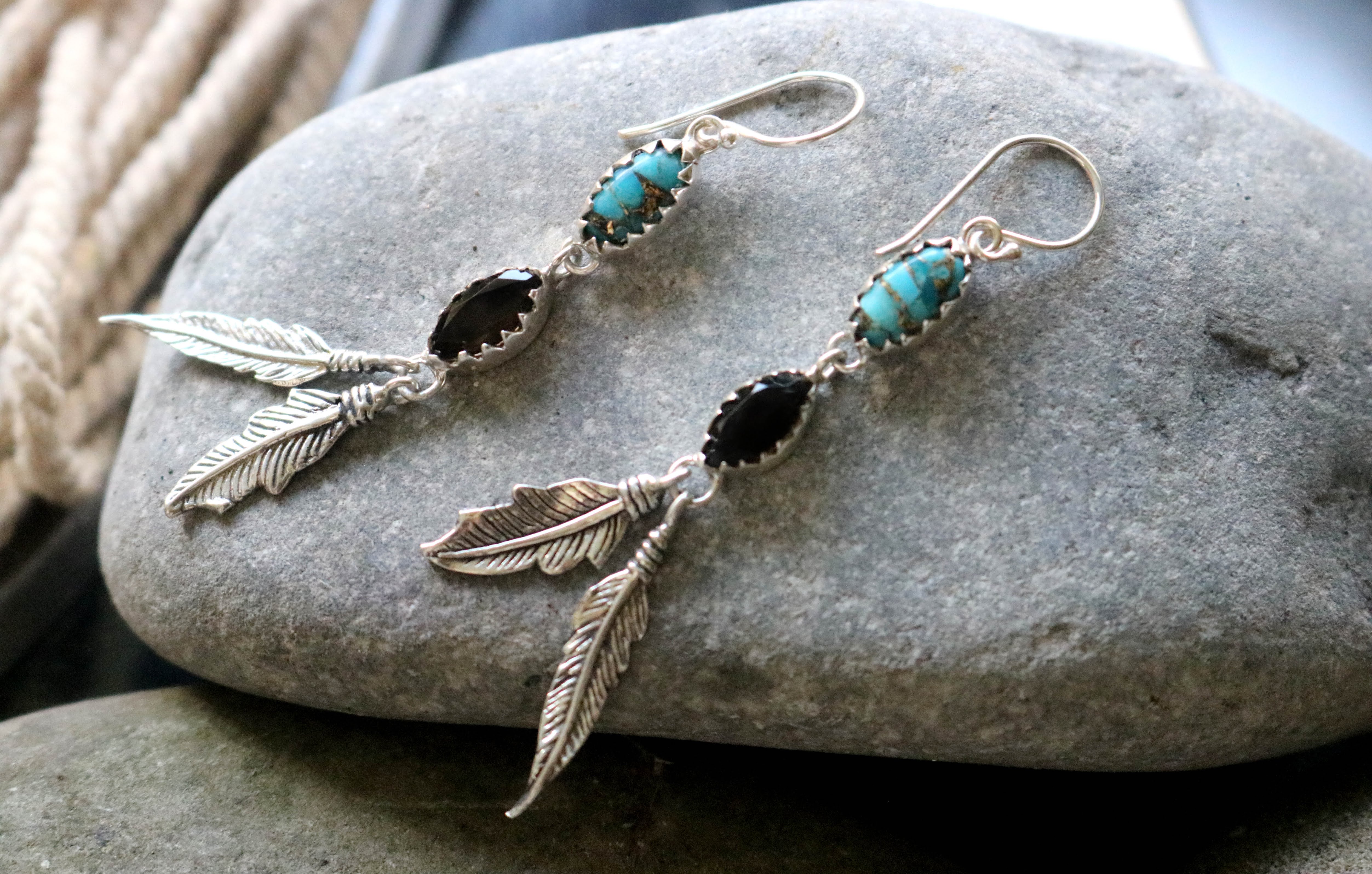 Smoky Quartz & Turquoise Feather Earrings