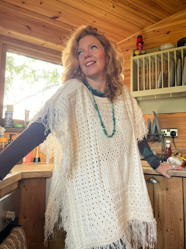 Ivory Knit Boho Poncho
