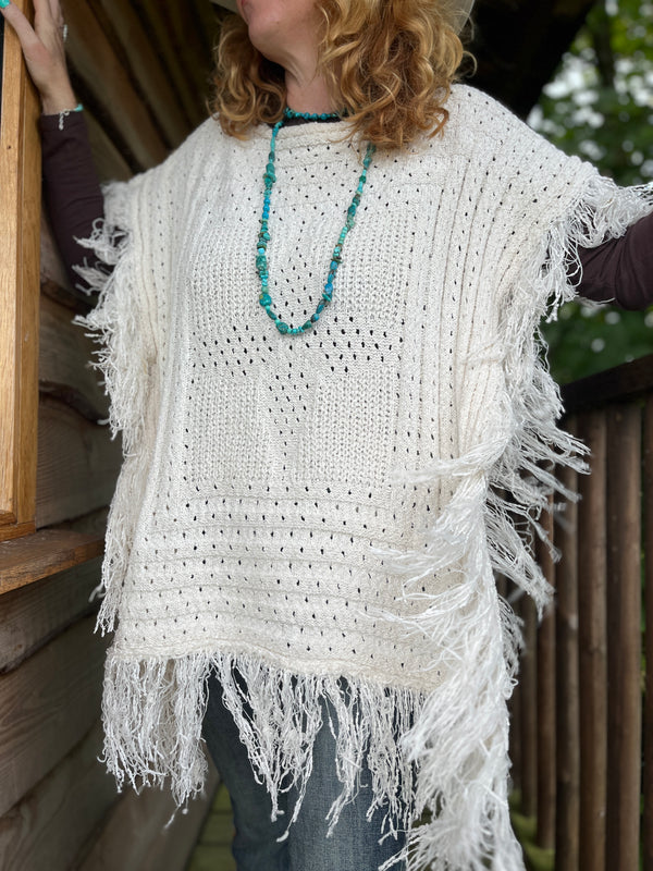 Ivory Knit Boho Poncho