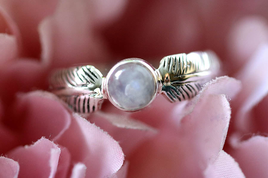 Round Moonstone Feather Ring