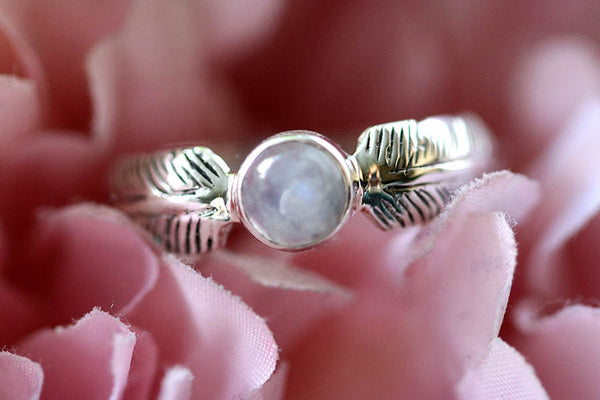 Round Moonstone Feather Ring