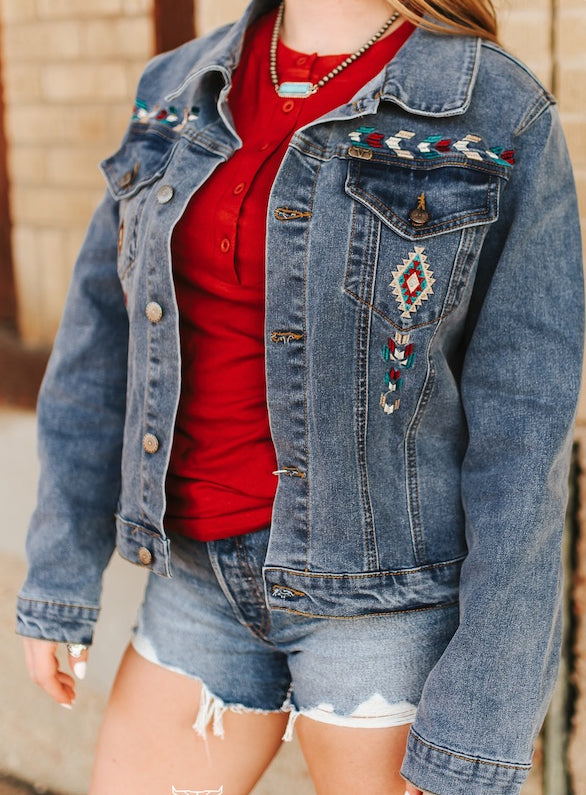 Geo Embroidered Denim Jacket - Boho Buffalo Accessories