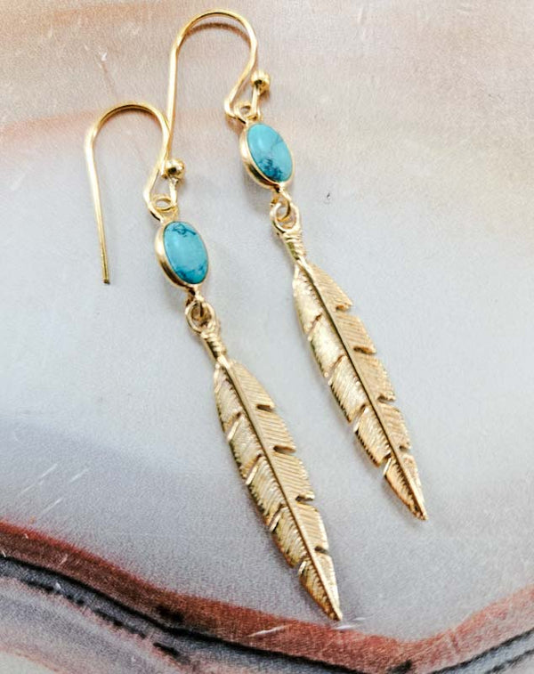 Gold Turquoise Feather Earrings