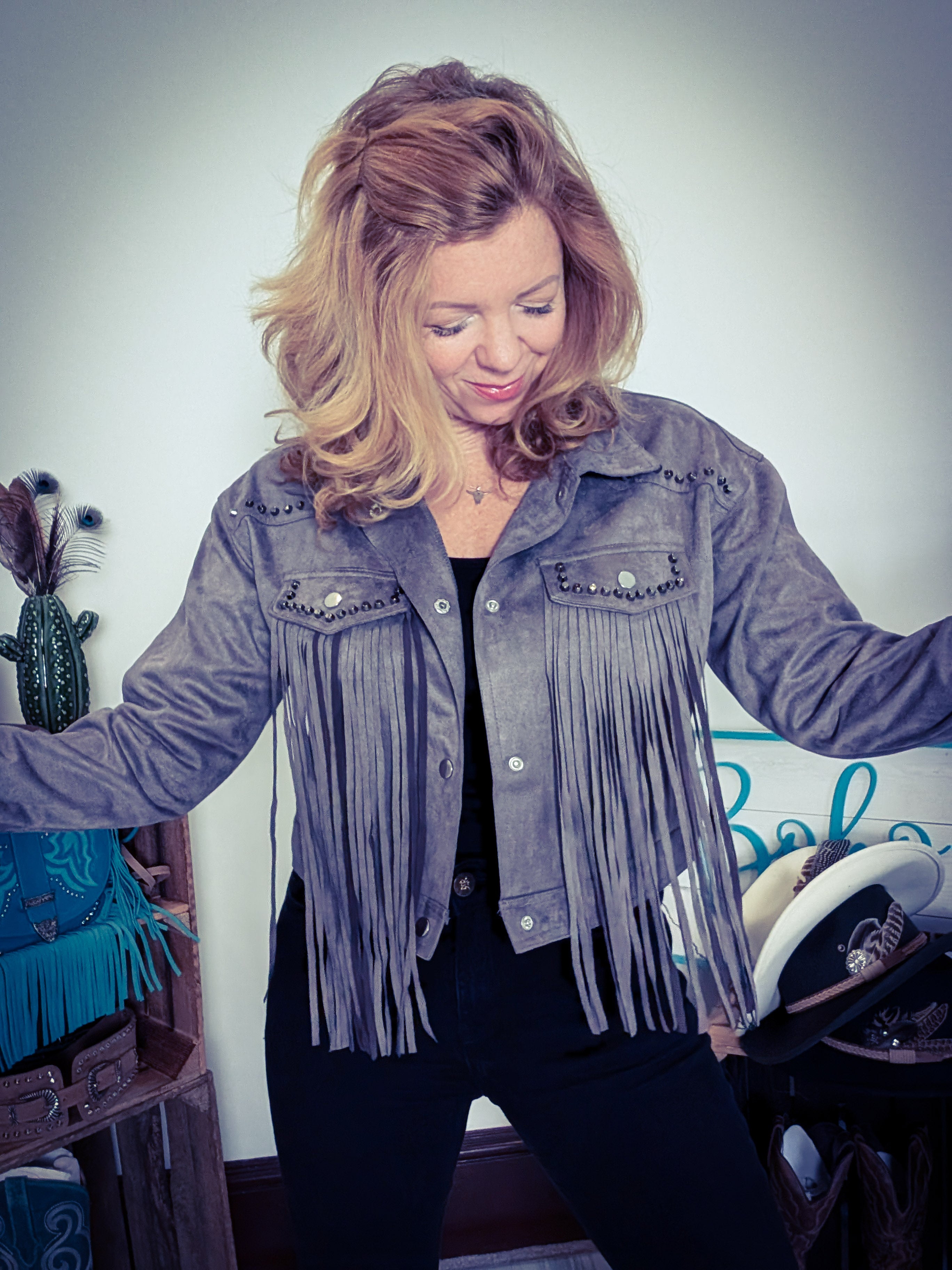 Grey Crop Fringed Jacket - removable fringe