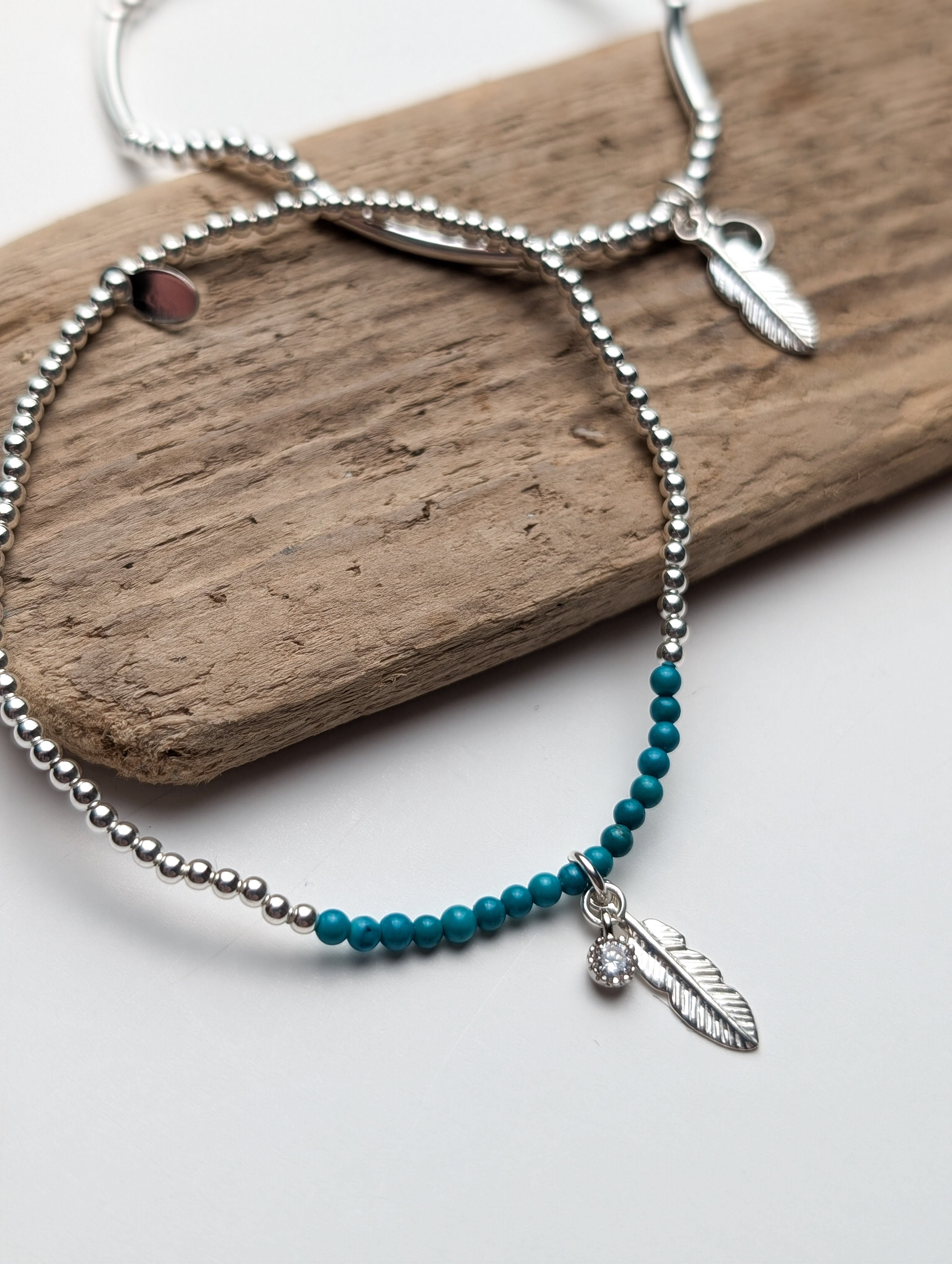 Turquoise Feather Charm Stretch Bracelet