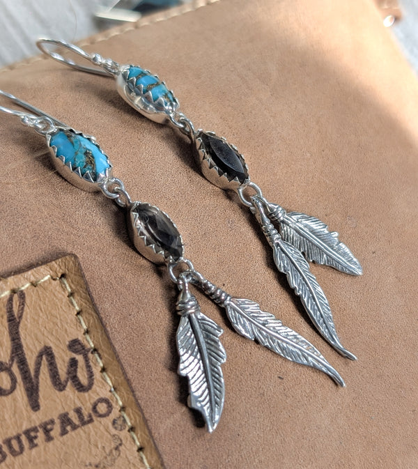 Smoky Quartz & Turquoise Feather Earrings