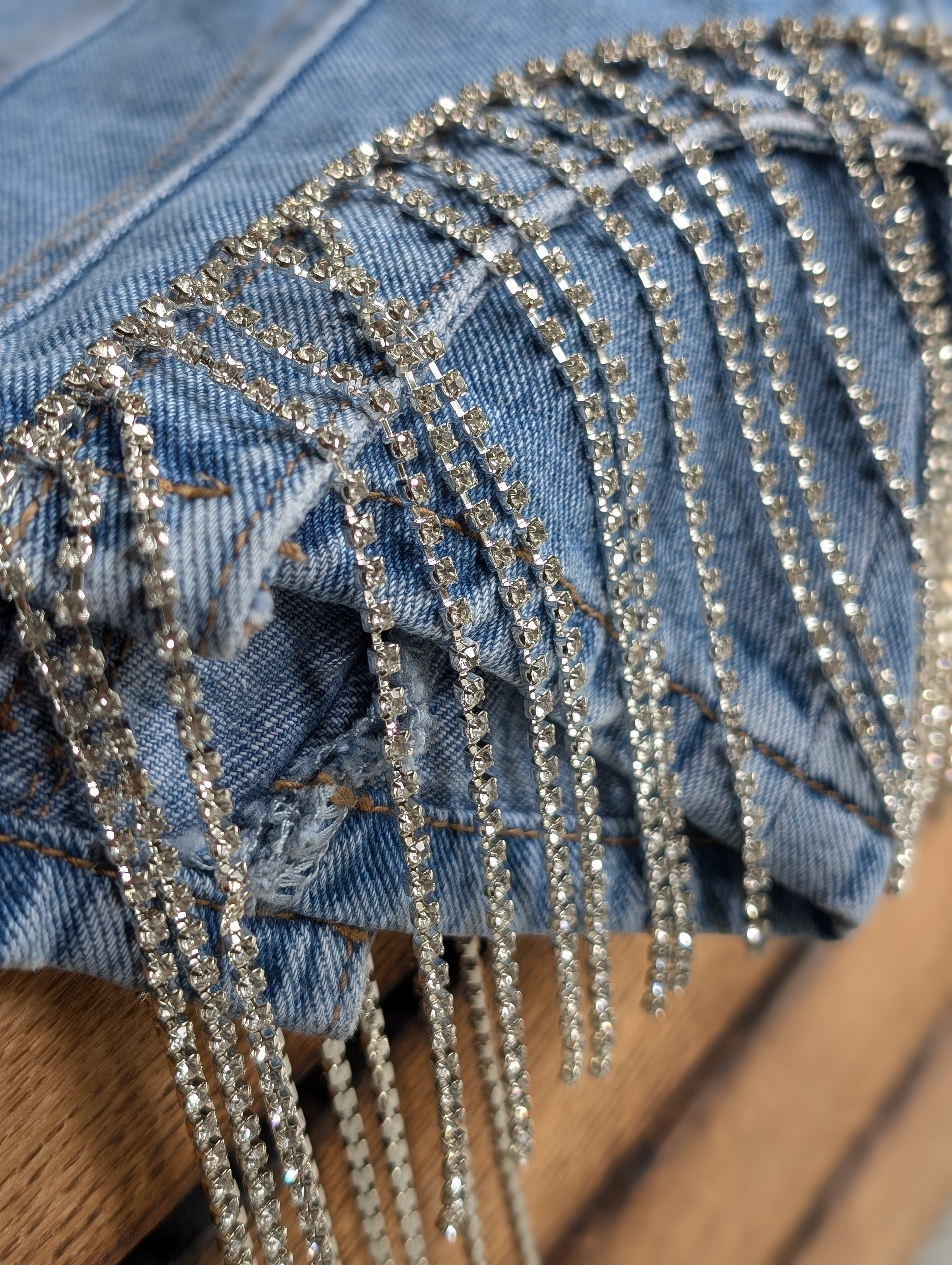 Rhinestone Fringe Denim Skort