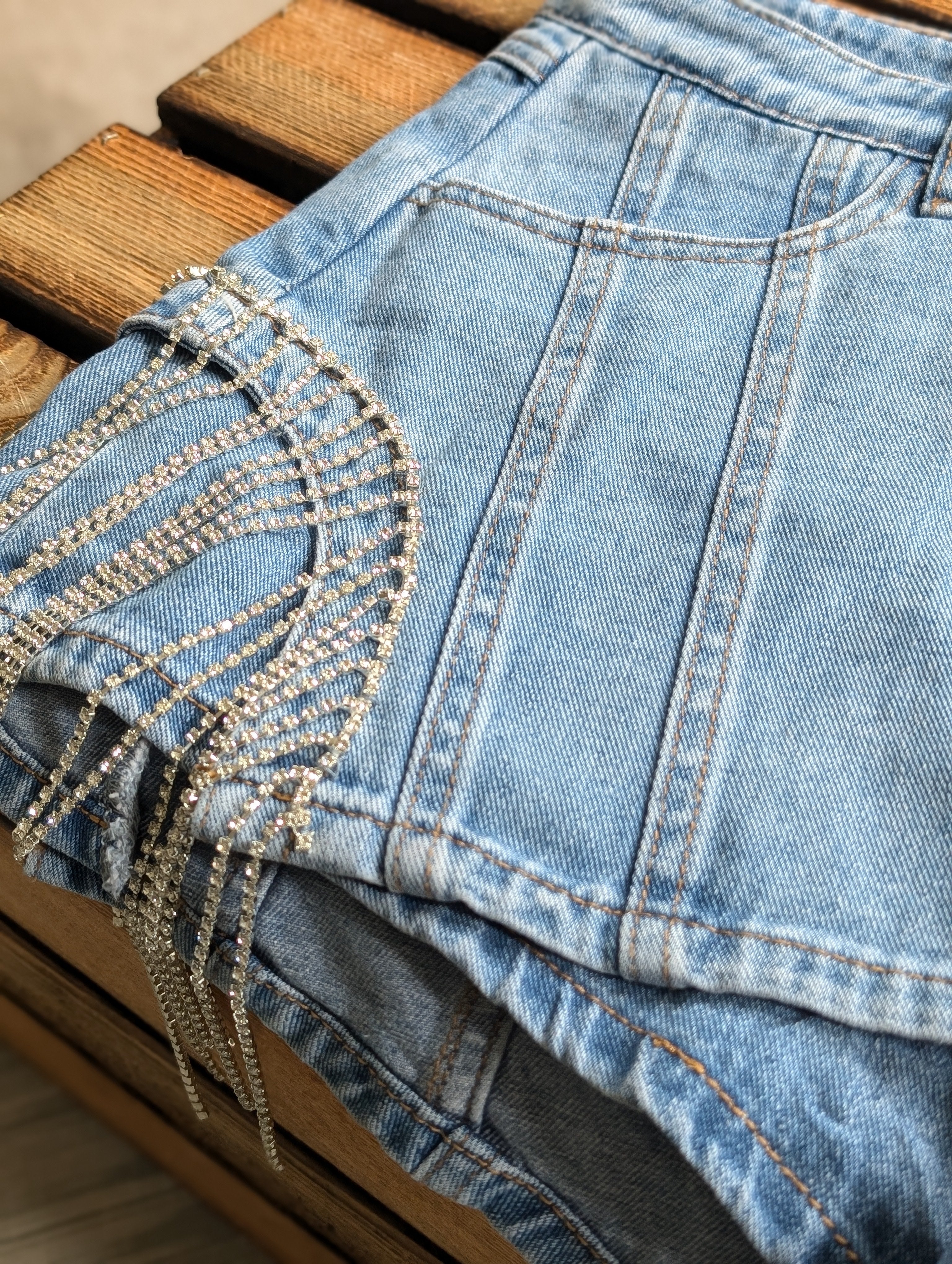 Rhinestone Fringe Denim Skort