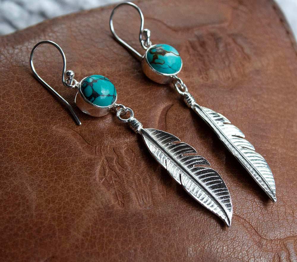 Turquoise Feather Drop Earrings - Boho Buffalo Accessories