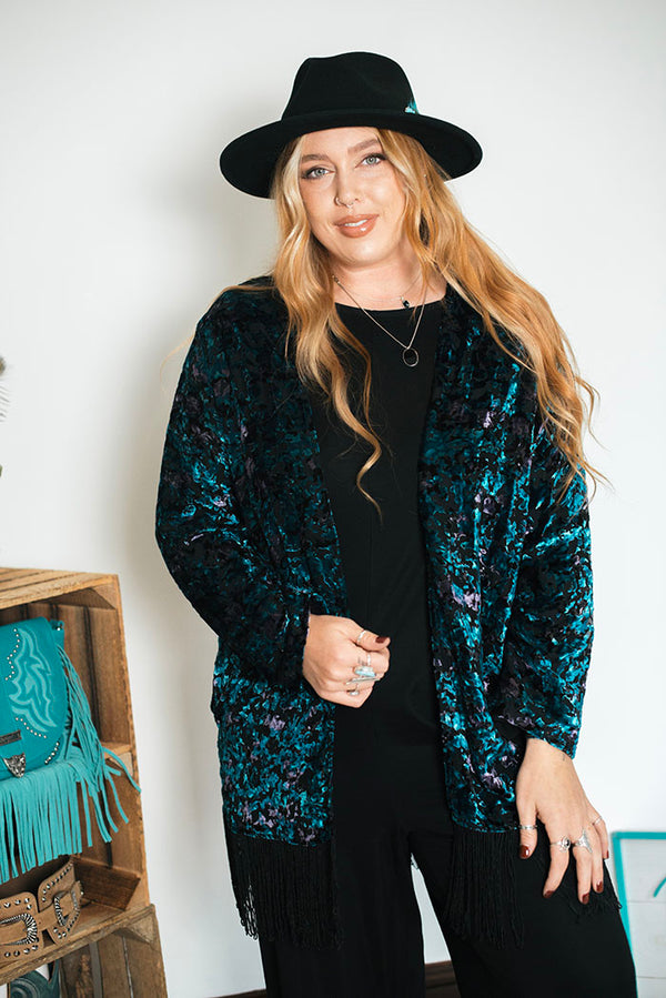 Peackock Velvet Fringe Kimono