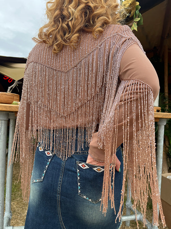 Beadwork Shimmer Fringe Jacket (Blush)