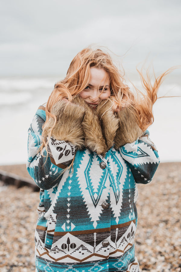 Turquoise Aztec Long Fur Coat