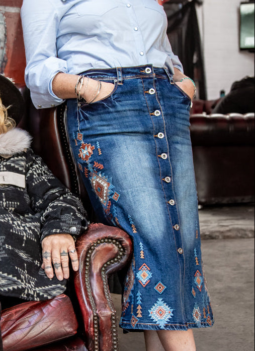 Western Embroidered Denim Skirt - Boho Buffalo Accessories
