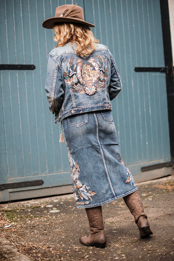 PRE ORDER: Western Embroidered Denim Skirt