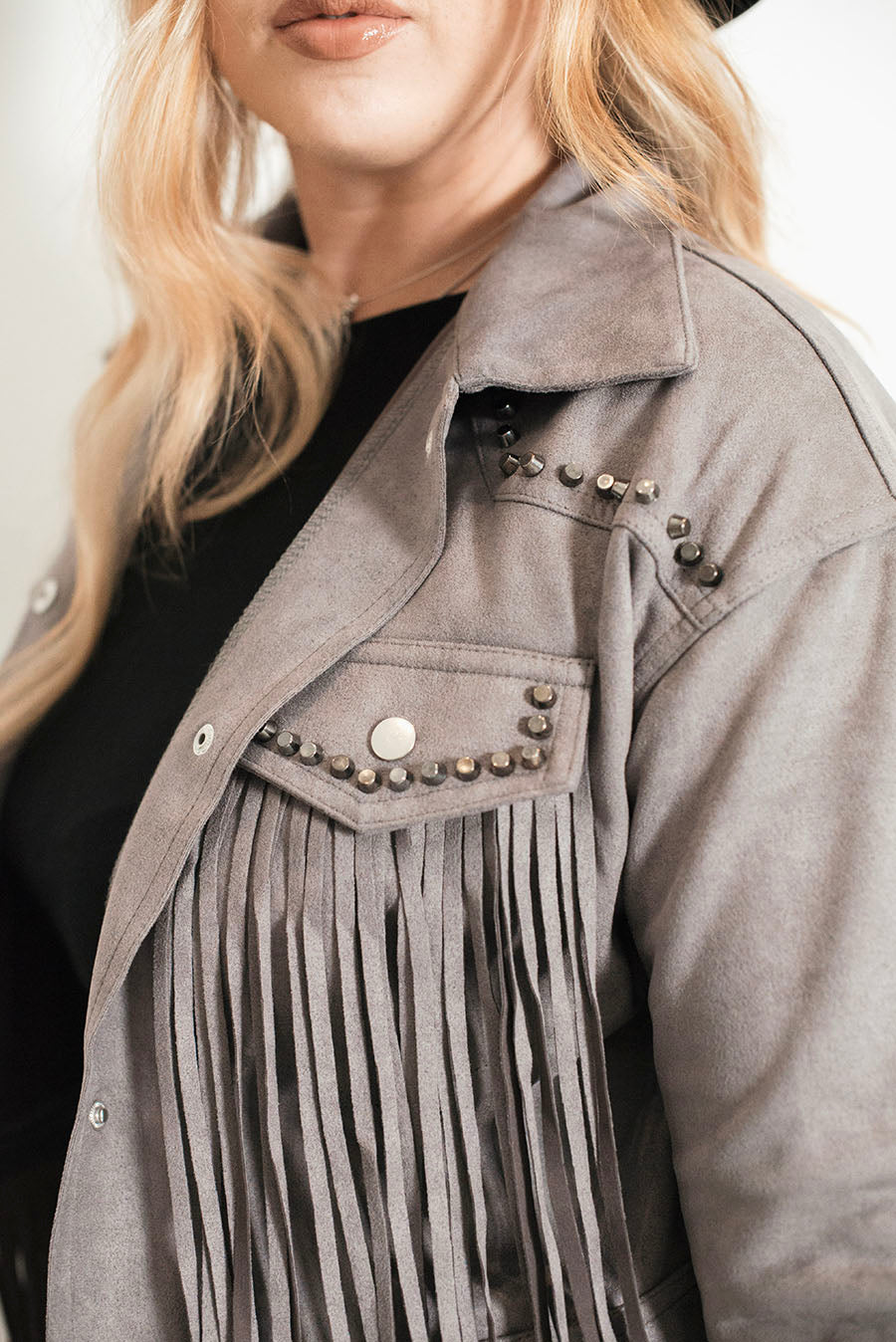 Grey Crop Fringed Jacket - removable fringe