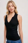 Ribbed Collared V-Neck Top Black