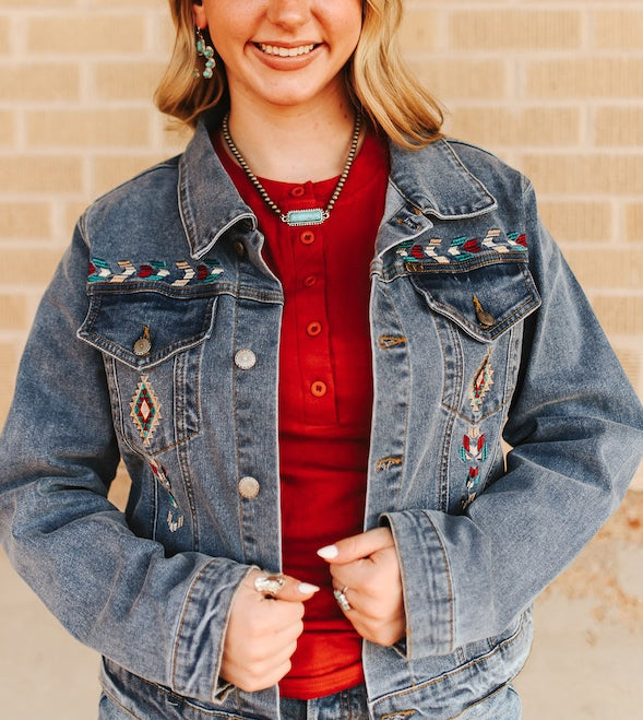 Geo Embroidered Denim Jacket - Boho Buffalo Accessories