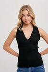Ribbed Collared V-Neck Top Black