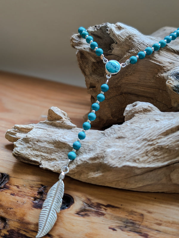 Turquoise gemstone Lariat Feather Necklace