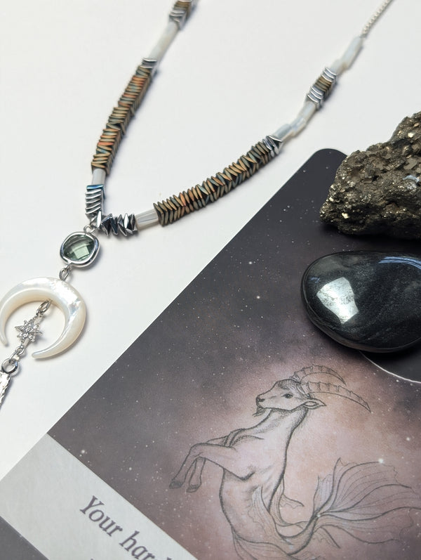 Silver Hematite Long Cosmic Necklace