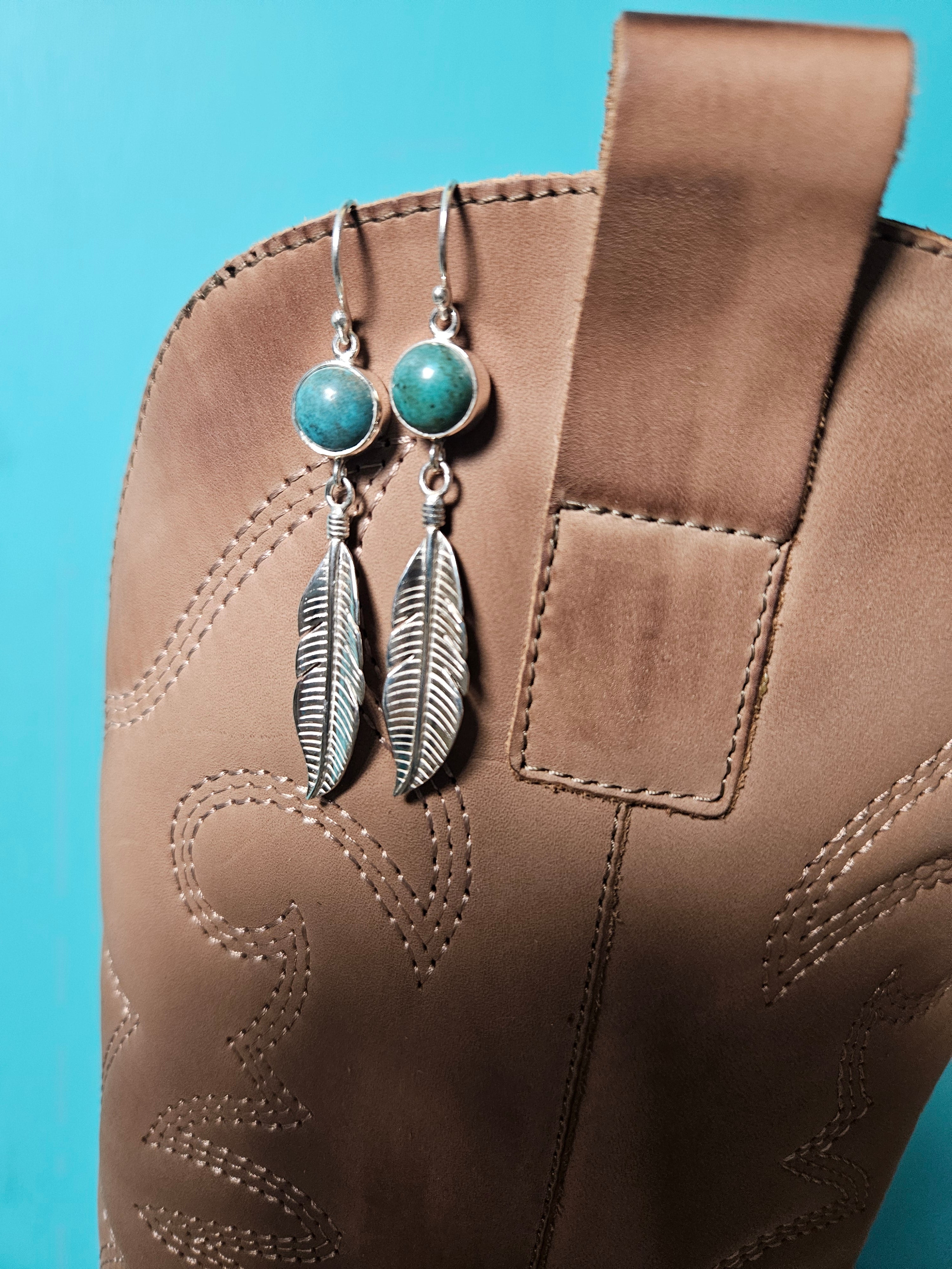 Turquoise Feather Drop Earrings - Boho Buffalo Accessories