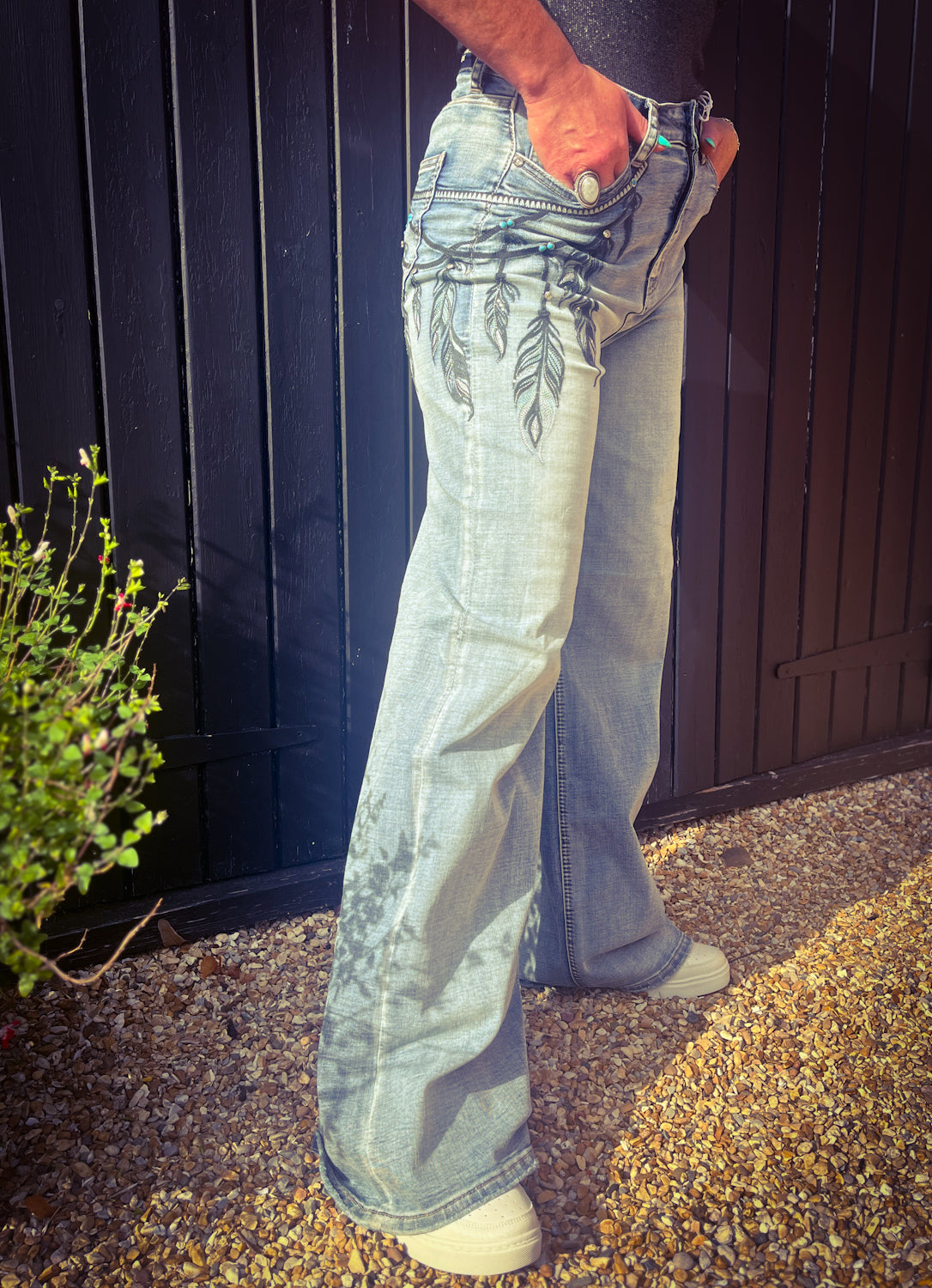 Feather Embroidered Wide Leg Jeans - Boho Buffalo Accessories