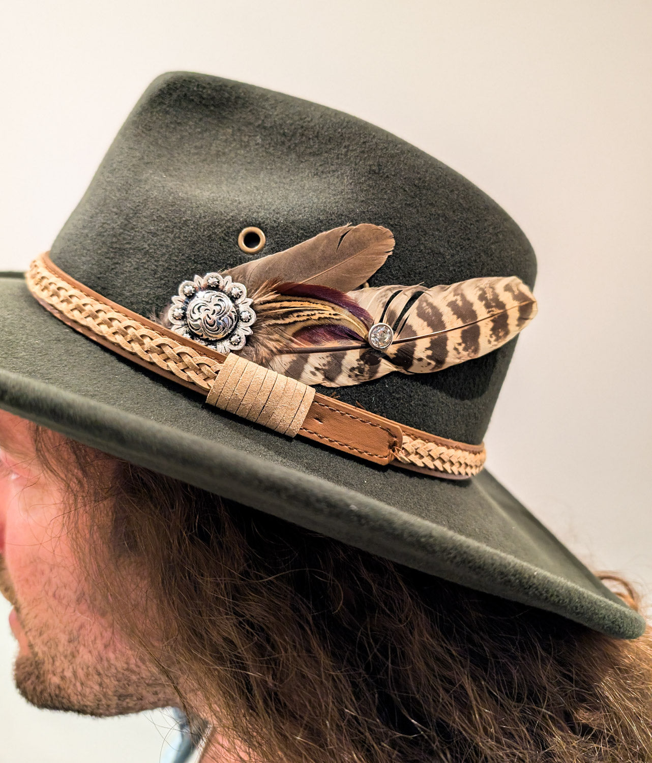 Olive Concho Feather Western Hat - Boho Buffalo Accessories