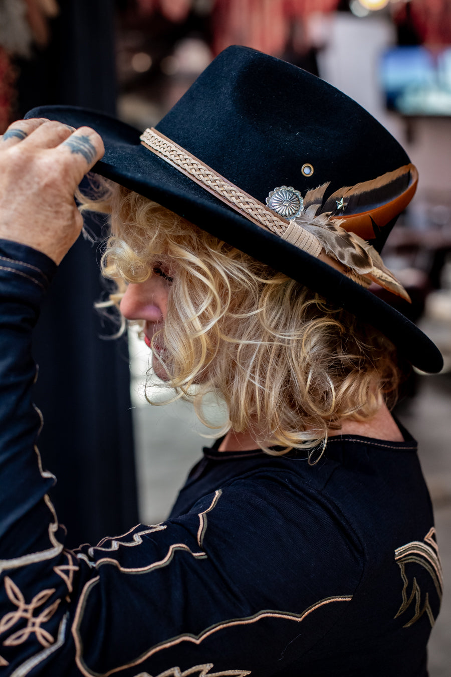 Black Rust Feather Cowgirl Hat - Boho Buffalo Accessories