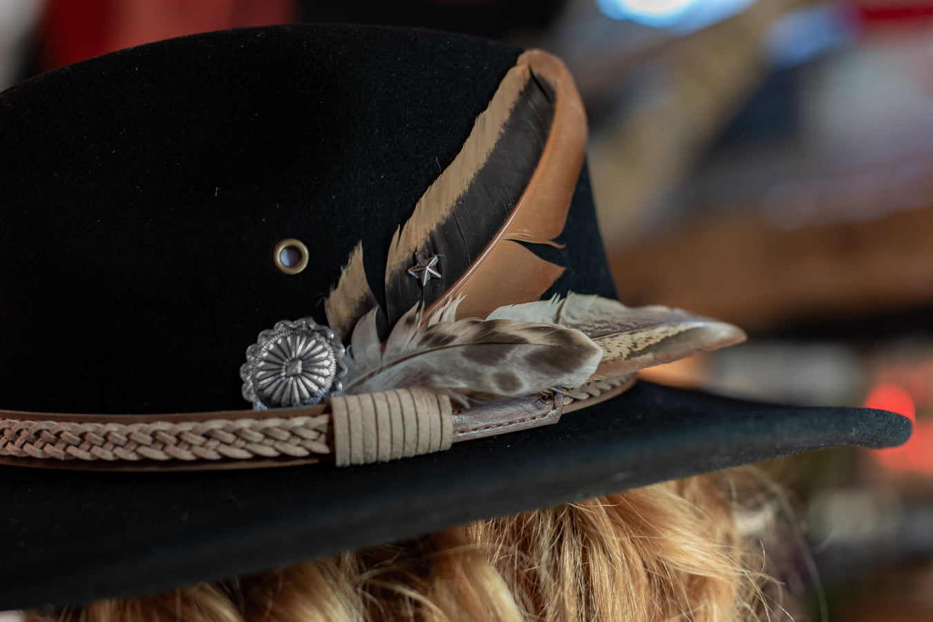 Black Rust Feather Cowgirl Hat - Boho Buffalo Accessories