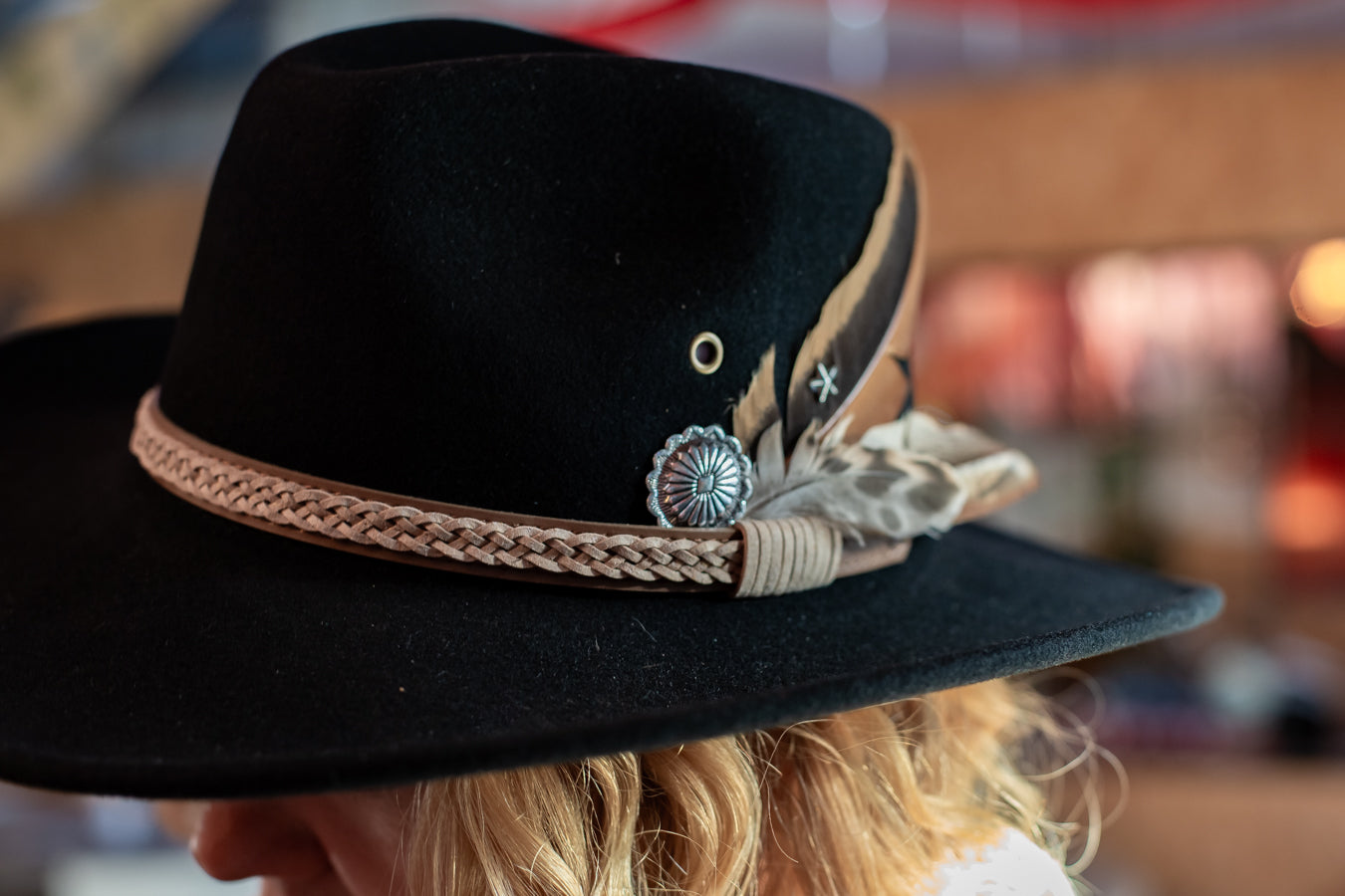 Black Rust Feather Cowgirl Hat - Boho Buffalo Accessories