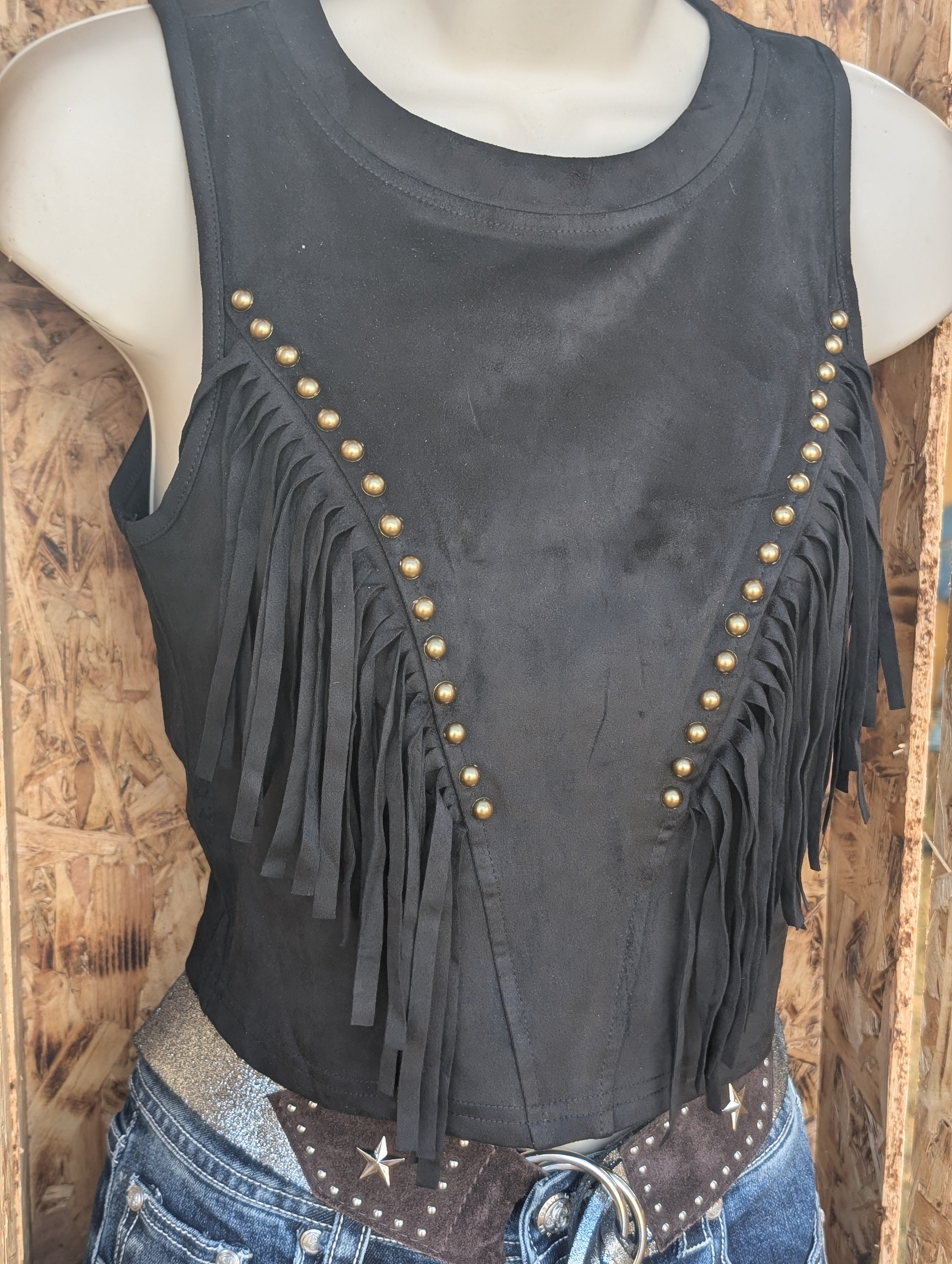 Black Fringe Studded Sleeveless Top
