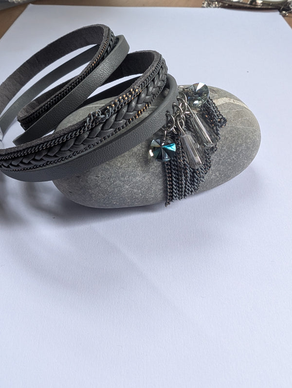 Faux leather and crustal wrap cuff