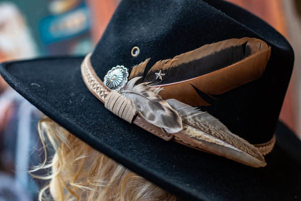 Black Rust Feather Cowgirl Hat - Boho Buffalo Accessories