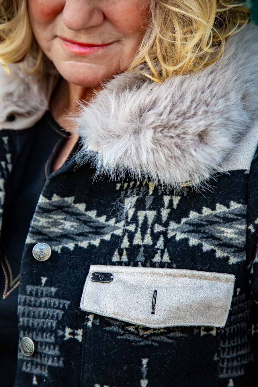 Black Fur Aztec Jacket - Boho Buffalo Accessories
