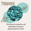 Displayed info about the turquoise stone. Under a picture of Turquoise reads: the stone of creativity, self expression, harmony, spiritual power and luck!