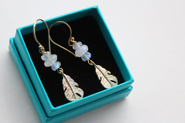 Gold Moonstone Feather Earrings