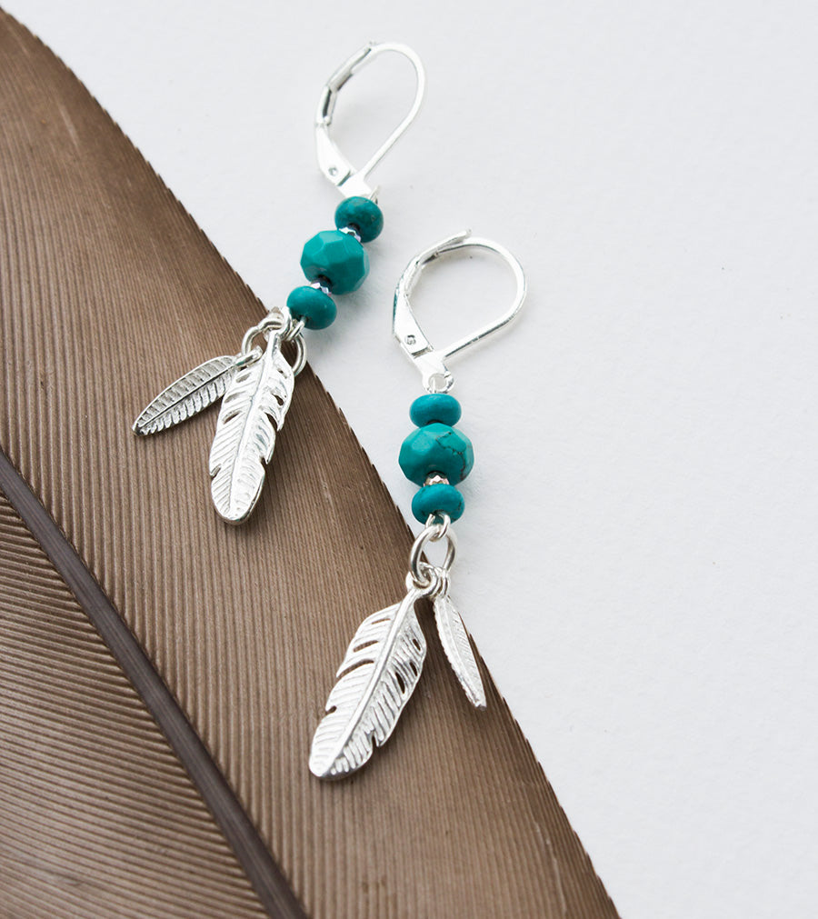 Turquoise Double Feather Drop Earrings